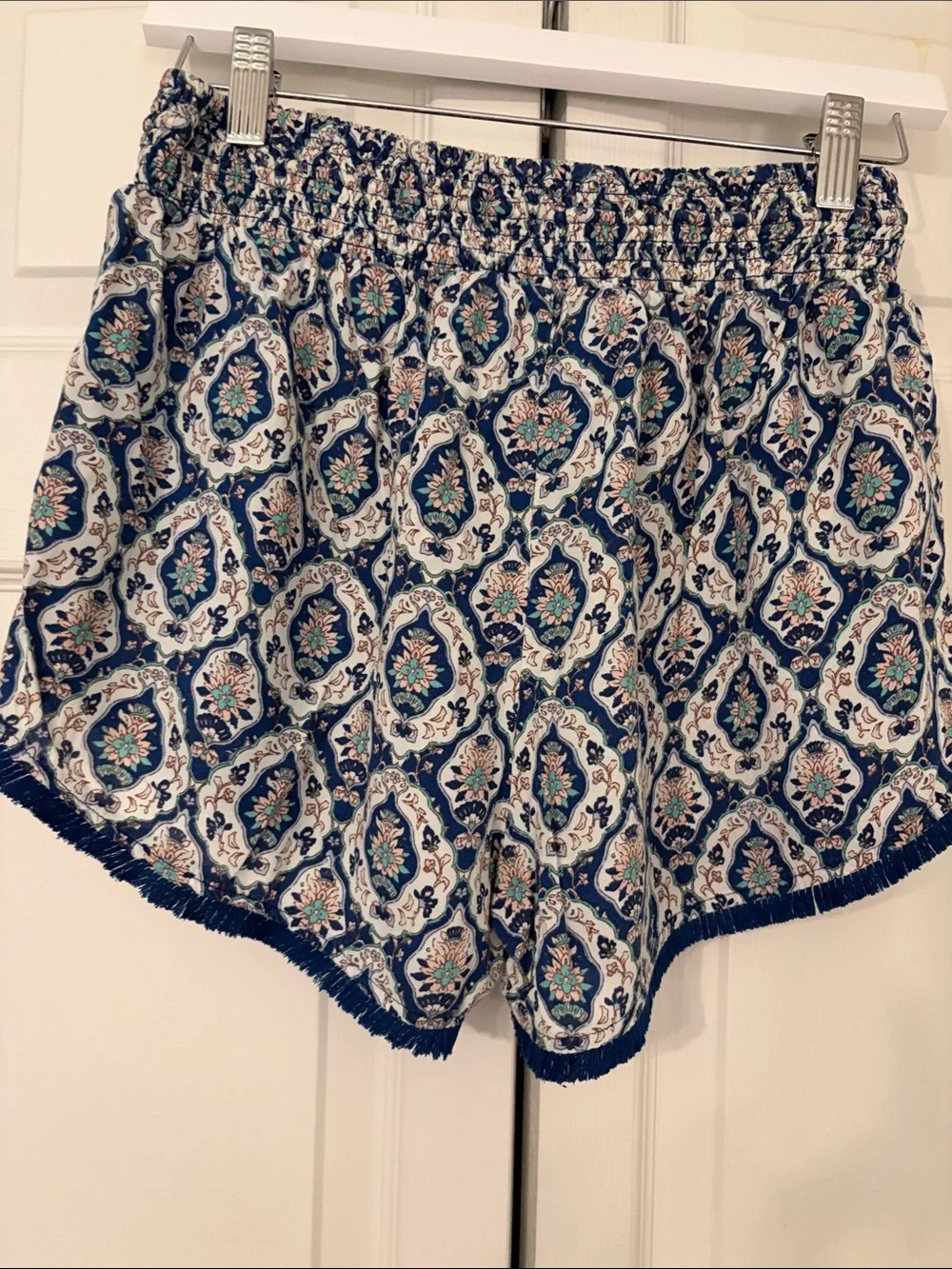 Lounge Shorts Blue and White And Pink Bohemian Printed Pom-Pom Japna  - Medium